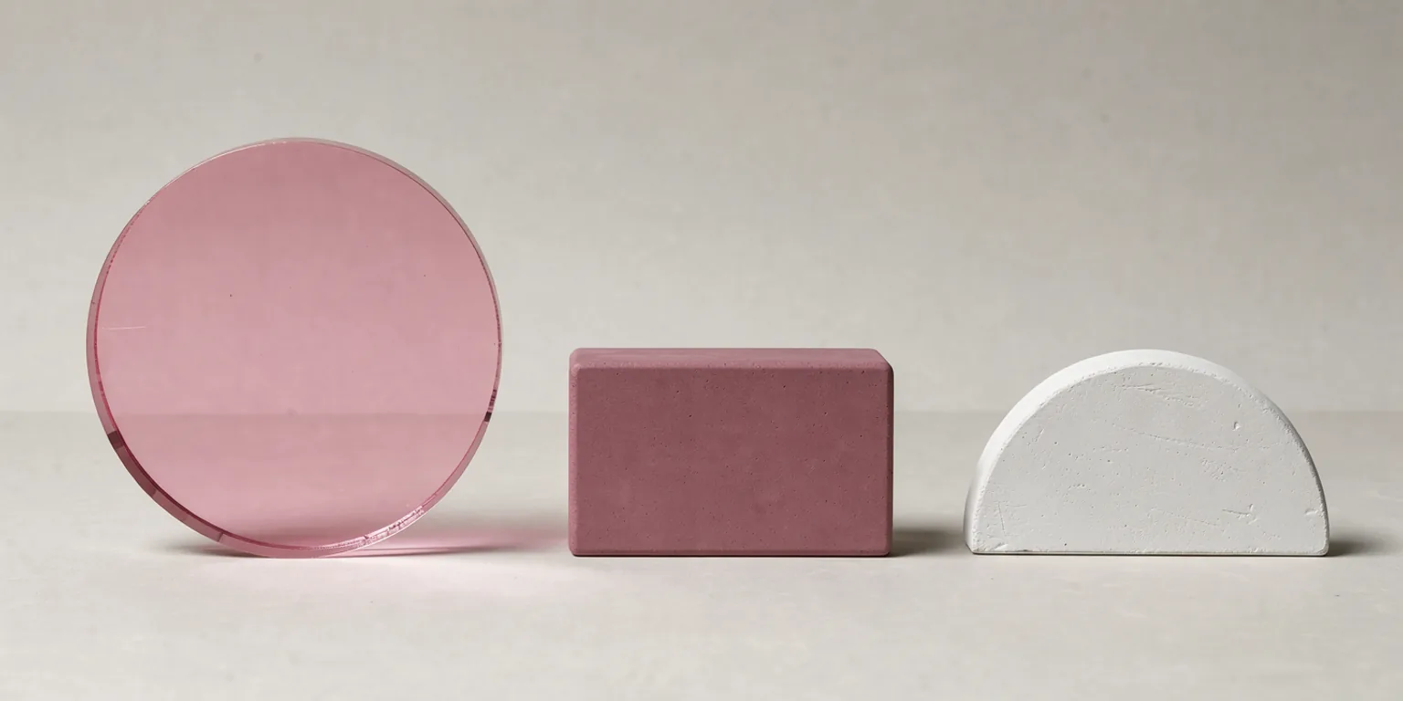 A translucent pink disc beside a solid mulberry block and a white half-circle.