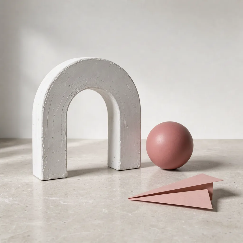 A pale arch, a mulberry sphere and folded rose paper arranged in soft daylight.