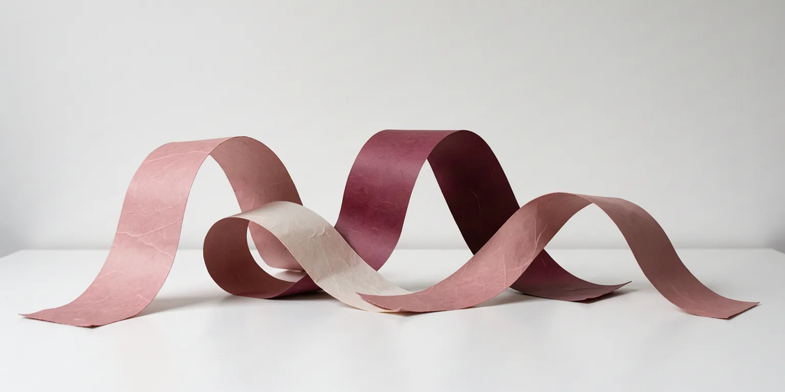 Broad rose and mulberry paper arcs crossing a sunlit white surface.